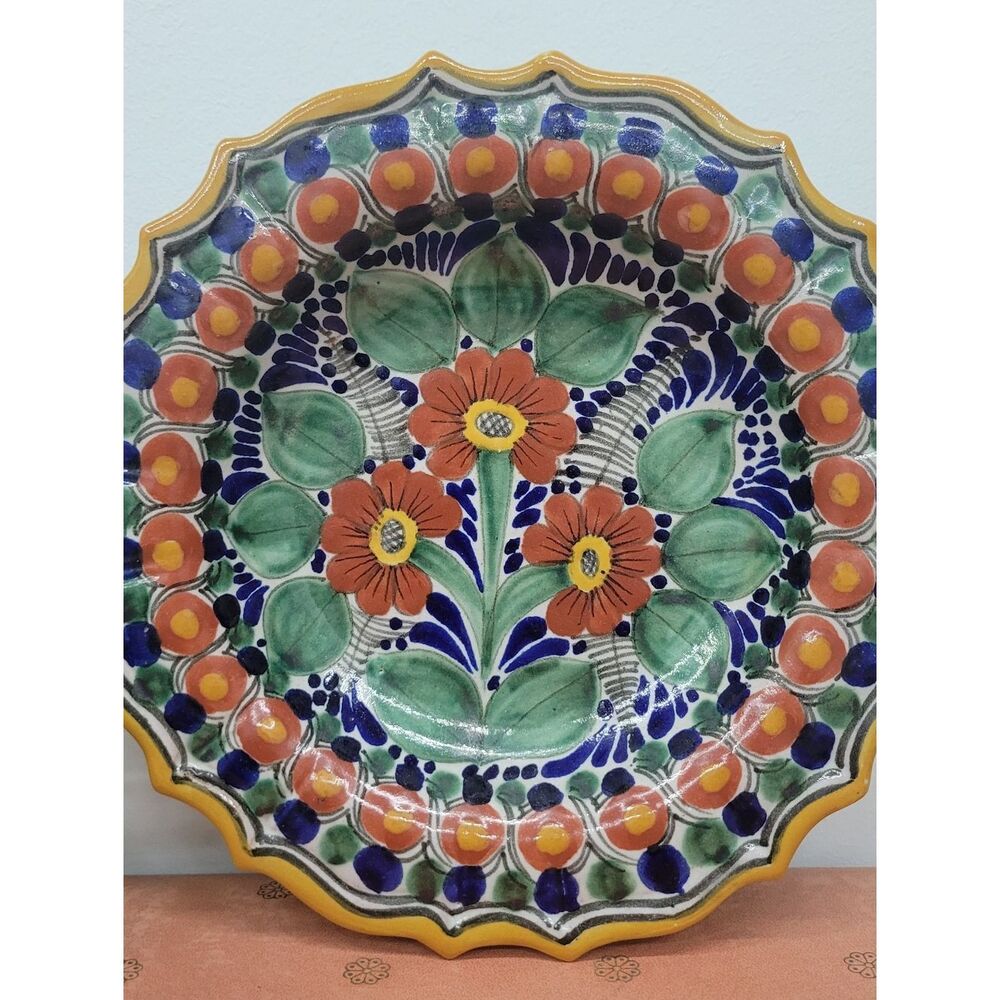 Vintage Tonalá Mexican Pottery Plate • Hand Painted Floral Folk Art Wall Decor